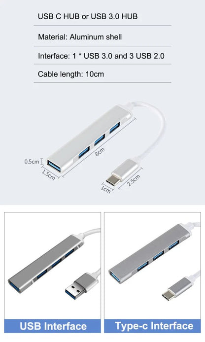 Adaptador hub USB - C de 4 puertos con función USB 2.0 y 3.0 - Tripluto